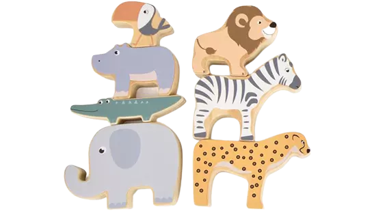 Safari dieren - Stapel- en evenwichtsspel - Houten speelgoed vanaf 1 jaar